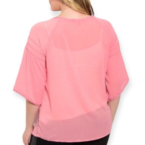 Boho Pink Tassel Tie Neck Short Sleeve Embroidery Lightweight Peasant Top NEW - Picture 2 of 3